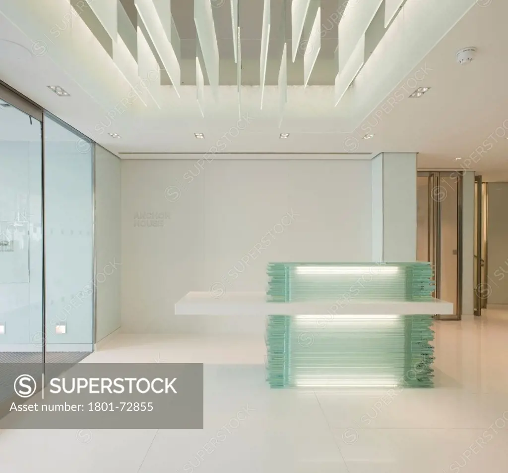Anchor House Offices, London, United Kingdom. Architect KSS Architects, 2012. View of reception desk and mirrored glass ceiling lighting.