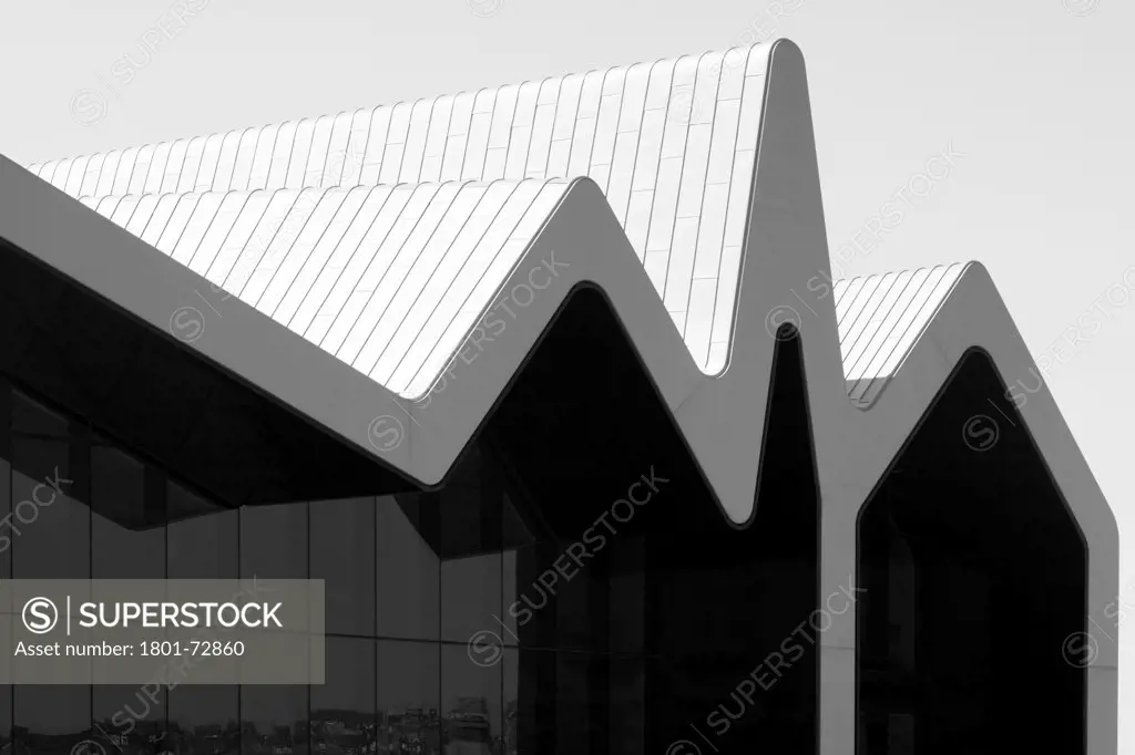 Glasgow Riverside Museum of Transport, Glasgow, United Kingdom. Architect Zaha Hadid Architects, 2012. Black and white detail of front facade.