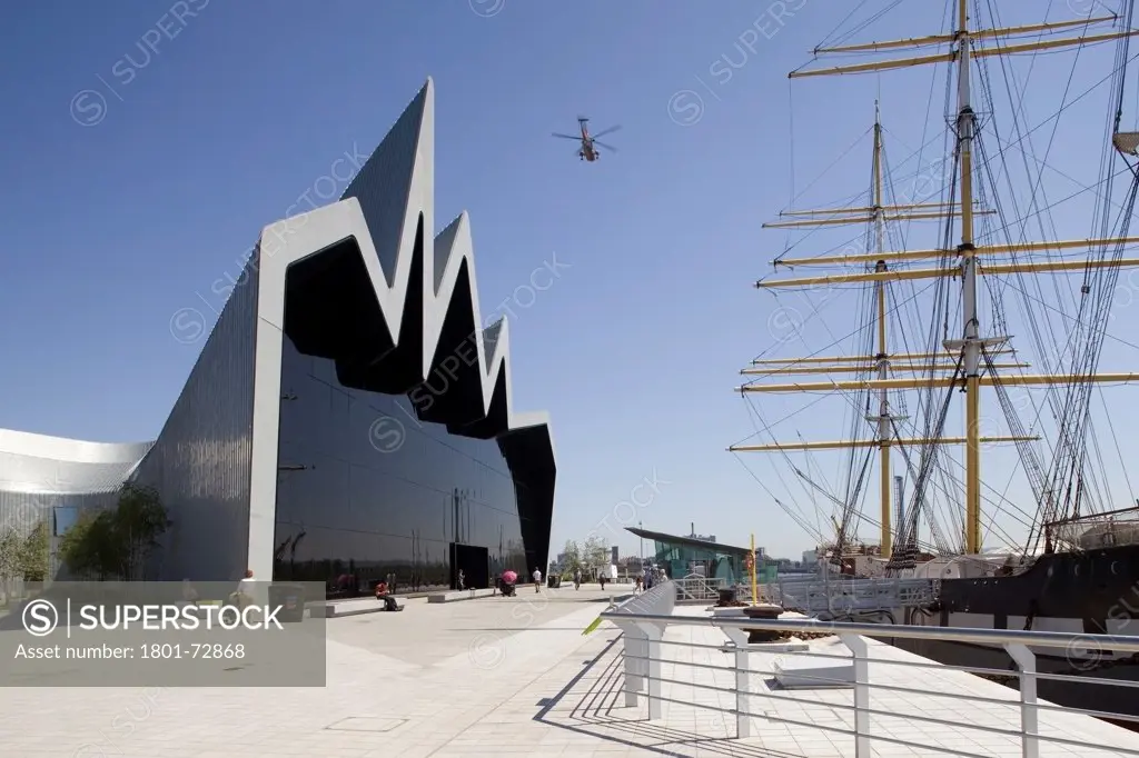 Glasgow Riverside Museum of Transport, Glasgow, United Kingdom. Architect Zaha Hadid Architects, 2012. View of Clydeside exterior.