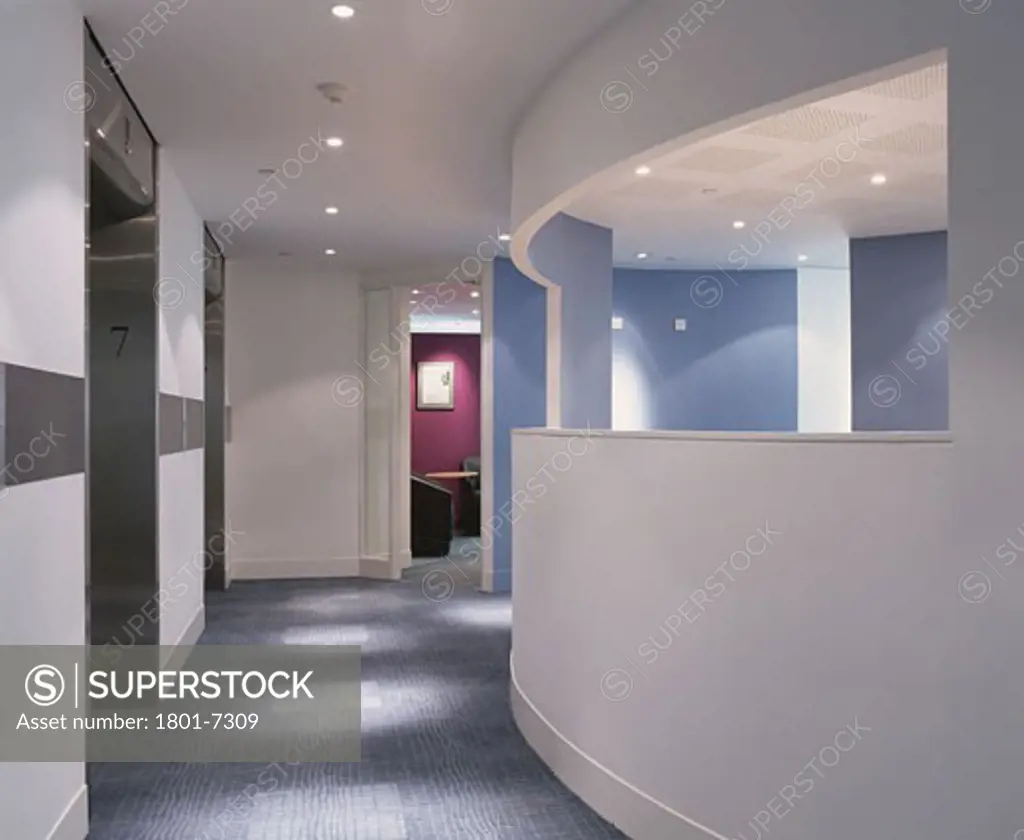 JONES LANG LASALLE (7TH FLOOR), HANOVER SQUARE, LONDON, W1 OXFORD STREET, UNITED KINGDOM, EMPTY LIFT AND CURVED DIVIDER OF BREAK OUT AREA, CONSARC CONSULTING ARCHITECTS