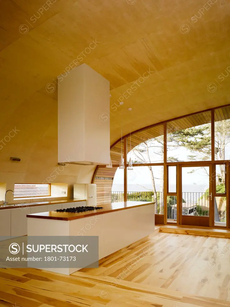 Ballynoe, Dublin, Ireland. Architect McCullough Mulvin, 2006. View of kitchen showing birch plywood lined floor and ceiling and view to exterior.