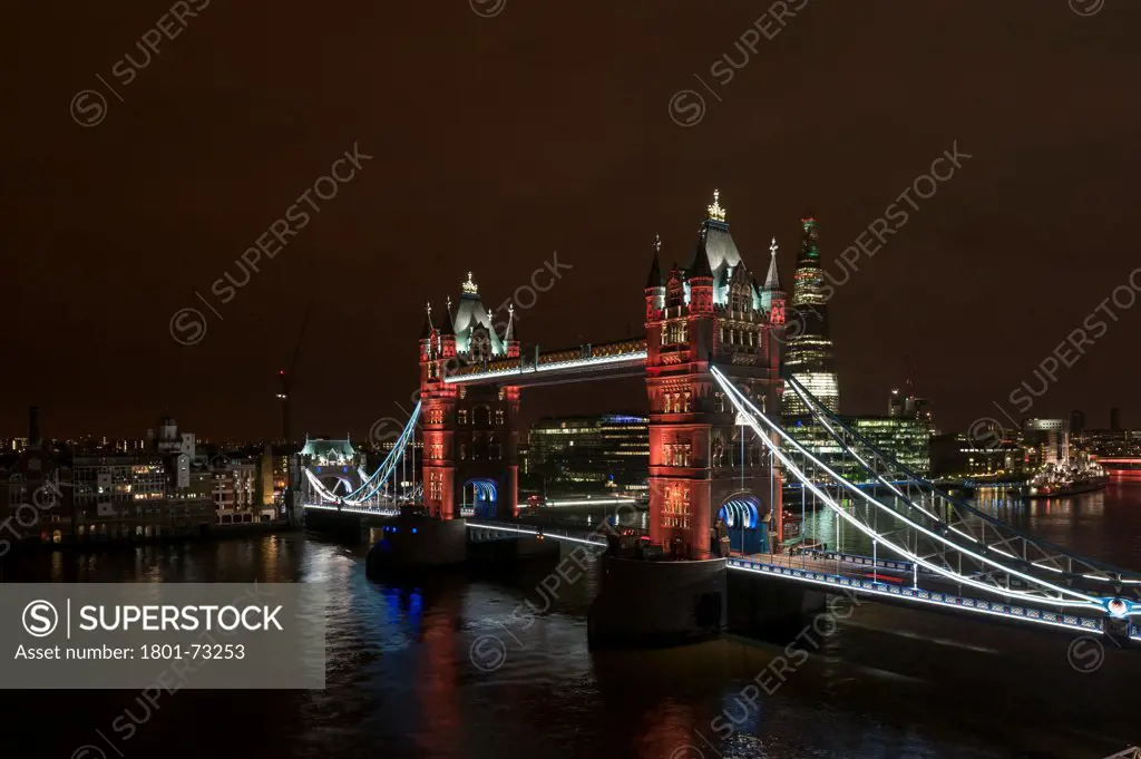 Tower Bridge Re-Lighting, Bridge, Europe, United Kingdom,2012, Horace Jones. View from the Guoman Hotel with pink LED setting.