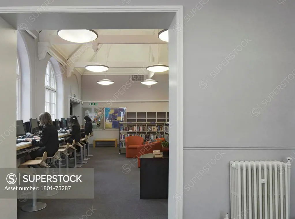 Colston's Girls' School, School, Europe, United Kingdom, Avon, 2011, Walters and Cohen Ltd. Partial library view with computer work spaces.