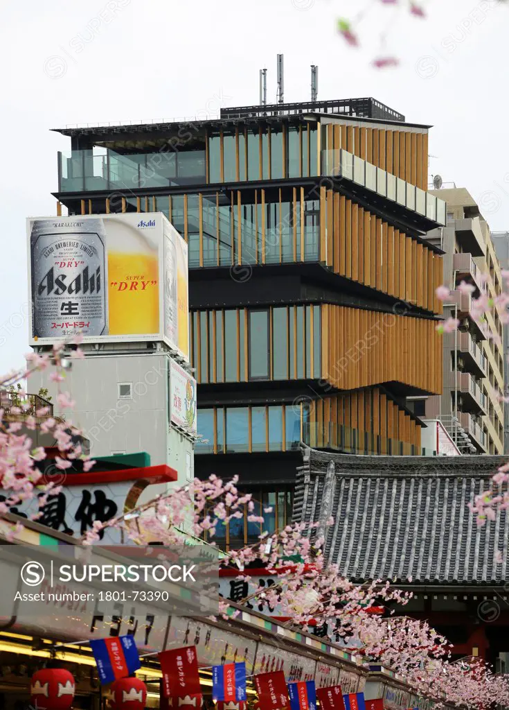 Asakusa Tourist Infomation Centre, Cultural Institution, Asia, Japan,2012, Kengo Kuma. Overall view Sensoji temple shopping centre.
