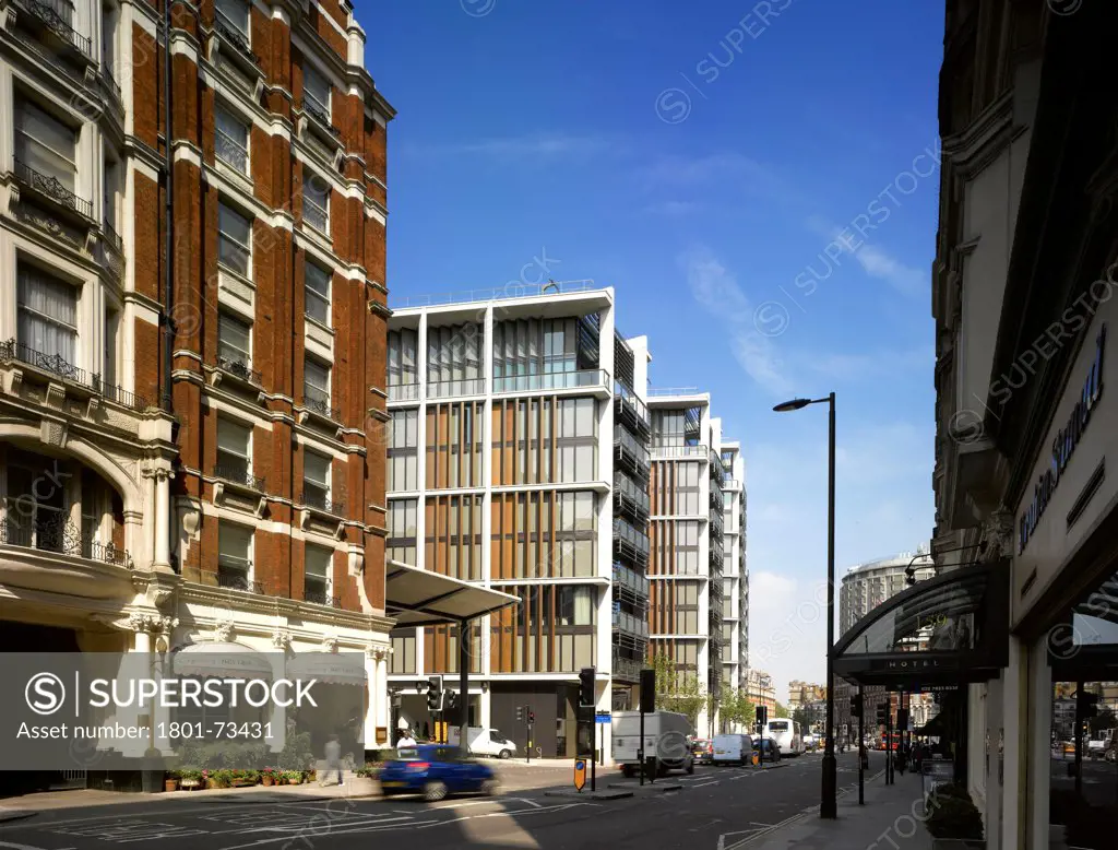 One Hyde Park, Luxury Flats, Europe, United Kingdom,2011, Rogers Stirk Harbour + Partners. Overall view from Knightsbridge side.
