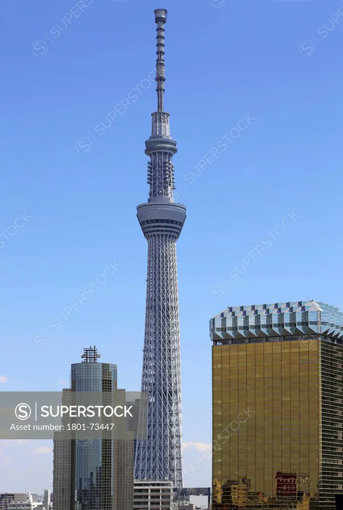 Tokyo Skytree, Communications Tower, Asia, Japan,2012, Nikken Sekkei. High level detail view from Asakusa.