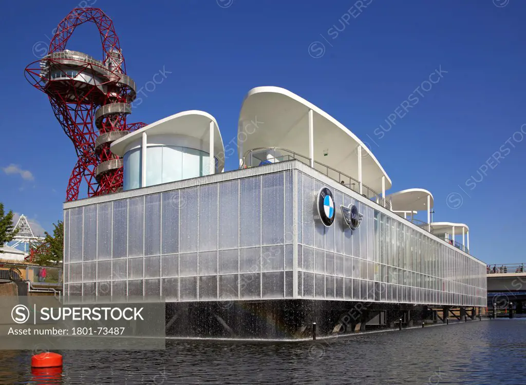 BMW Group Pavilion London 2012, Showroom, Europe, United Kingdom,2012, Serie Architects. Low view from river.