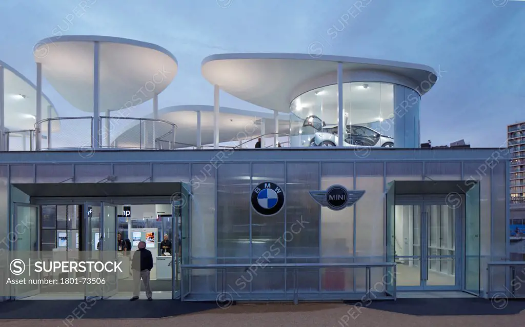 BMW Group Pavilion London 2012, Showroom, Europe, United Kingdom,2012, Serie Architects. Twilight view towards entrance.