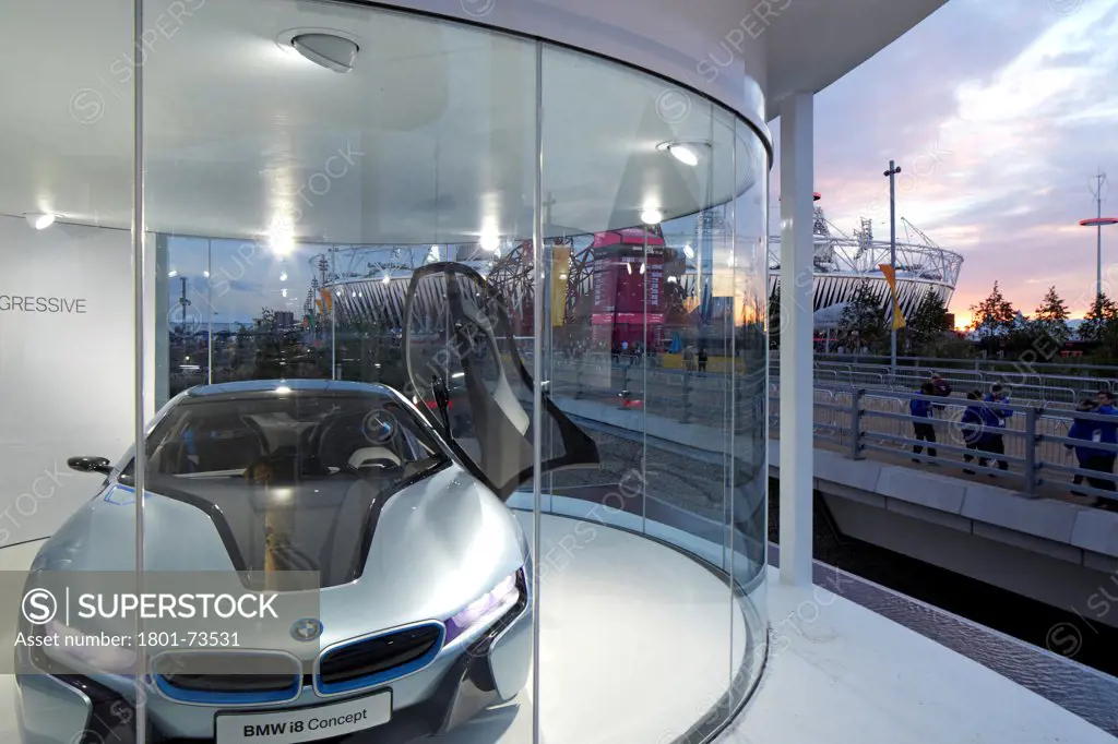BMW Group Pavilion London 2012, Showroom, Europe, United Kingdom,2012, Serie Architects. View of car pod.