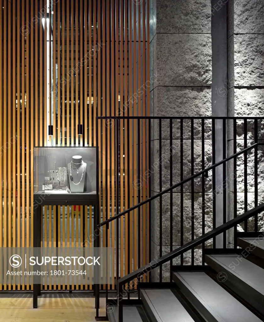George Jenson Store, Jewellers, Asia, Japan,2012, MPA Architects. Interior view on ground floor towards stair.