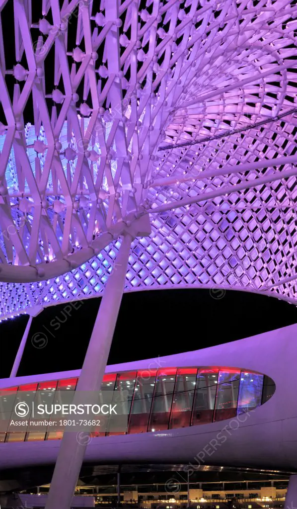 Yas Hotel, Hotel, Asia, United Arab Emirates,2010, Asymptote, Hani Rashid, Lise Anne Couture. Detail of purple LED skin.