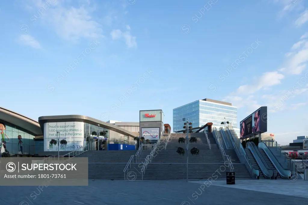 Westfield Stratford City, Shopping Mall, Europe, United Kingdom,2011, Fletcher Priest Architects LLP. Early morning at steps to Westfield from Stratford Centre.