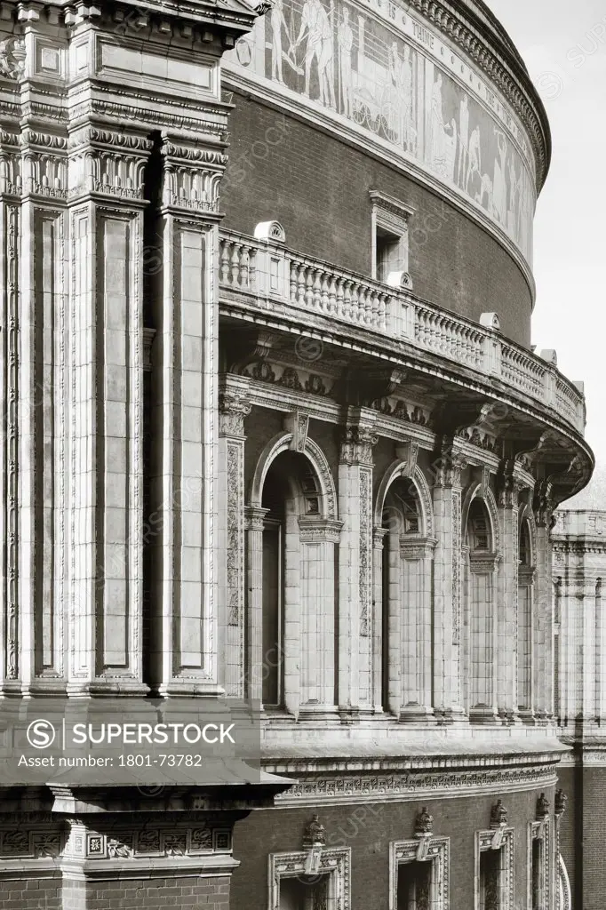 Royal Albert Hall, Concert Hall, Europe, United Kingdom,1871,  Captain Francis Fowke and Major-General Henry Y.D. Elevated oblique view with column, arches and mosaic frieze.
