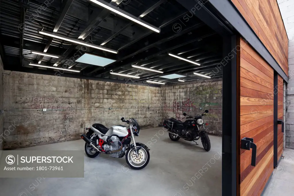 Bushwick Motorcycle Garage and Garden, Brooklyn, United States. Architect: Dameron Architecture, 2012. Motorcycle collectors garage in up and coming artist neighborhood in Brooklyn.