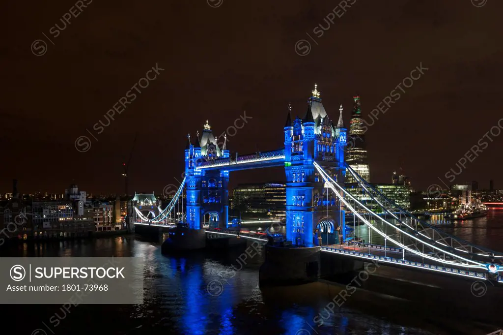 Tower Bridge Re-Lighting, London, United Kingdom. Architect: Horace Jones, 2012. View from the Guoman Hotel with blue LED setting.