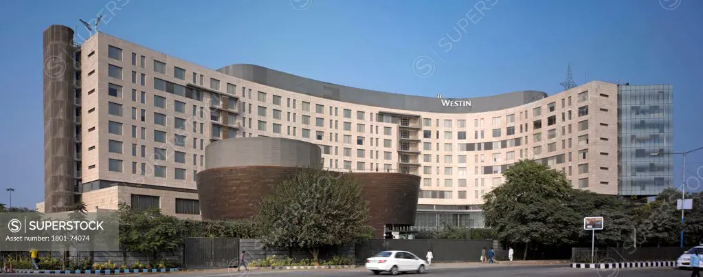 The Westin Hotel, Gurgaon, India. Architect: Studio U+A, 2010. Panoramic exterior view.