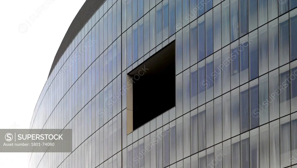 The Westin Hotel, Gurgaon, India. Architect: Studio U+A, 2010. Detail of curved glass facade.