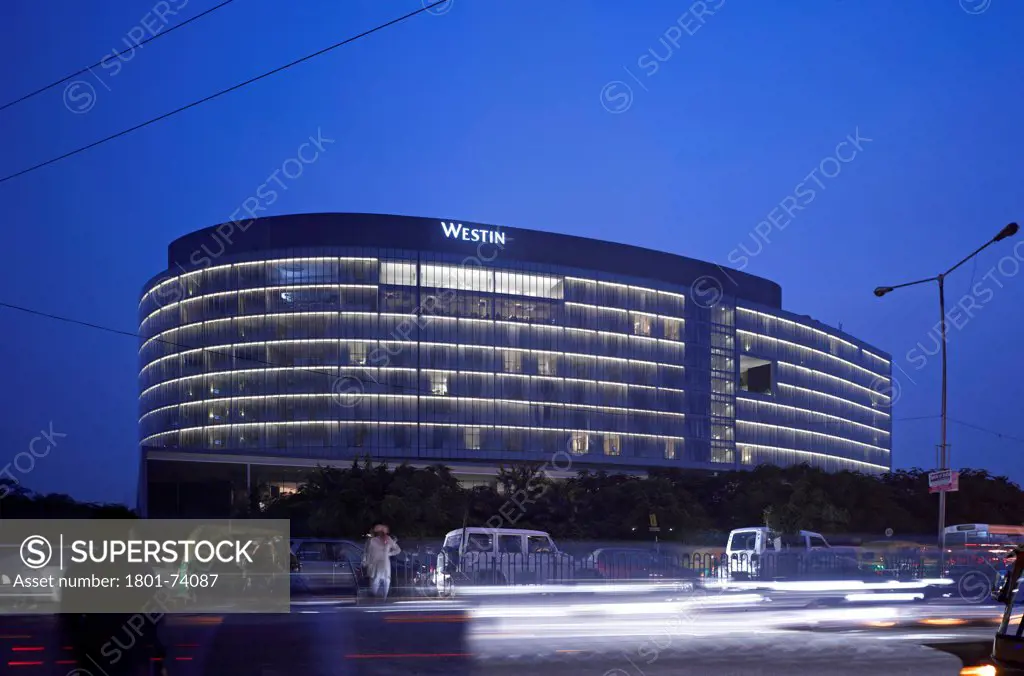 The Westin Hotel, Gurgaon, India. Architect: Studio U+A, 2010. Overall shot at twilight.