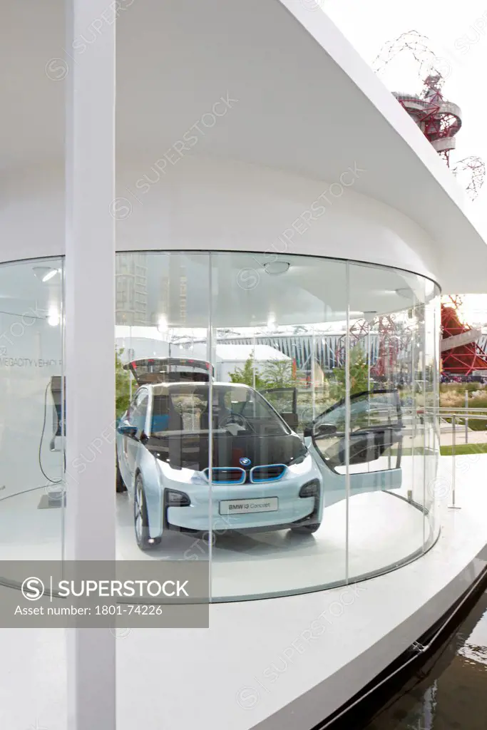 BMW Group Pavilion London 2012, London, United Kingdom. Architect: Serie Architects, 2012. Car display 'pod' on upper deck.