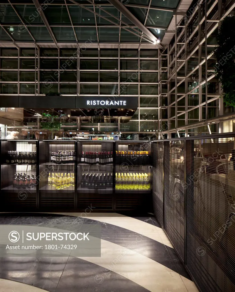 Obika Canary Wharf, London, United Kingdom. Architect: Labics, 2012. Drinks storage and ristorante signage.