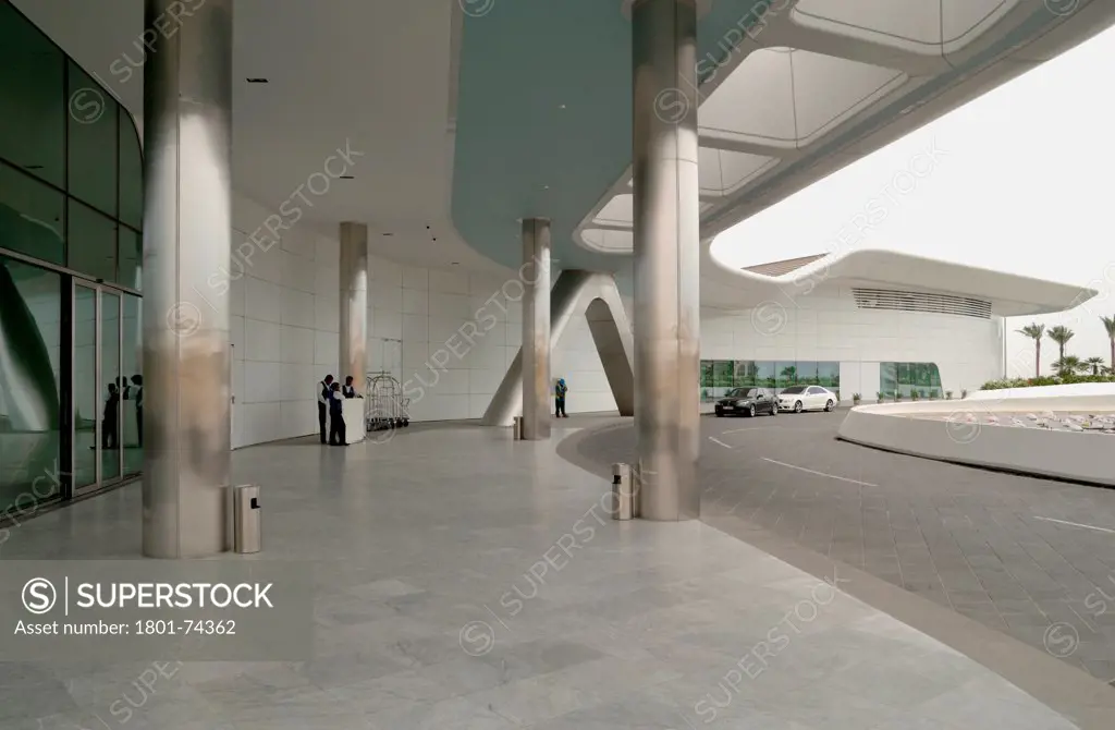 Yas Hotel, Abu Dhabi, United Arab Emirates. Architect: Asymptote, Hani Rashid, Lise Anne Couture, 2010. Entrance canopy.