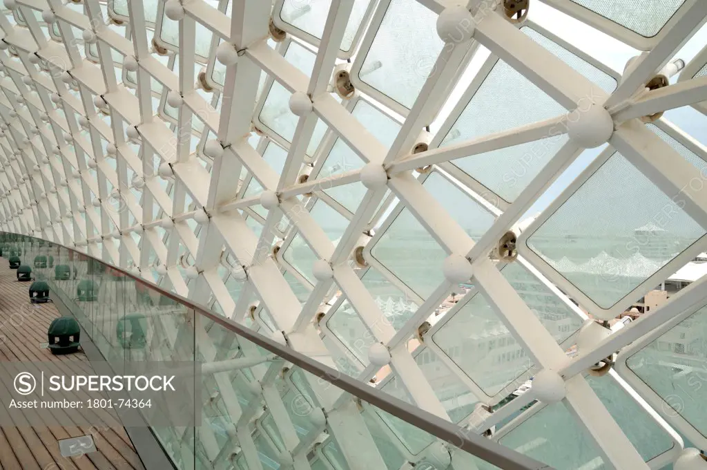 Yas Hotel, Abu Dhabi, United Arab Emirates. Architect: Asymptote, Hani Rashid, Lise Anne Couture, 2010. Detail of glass and led skin.