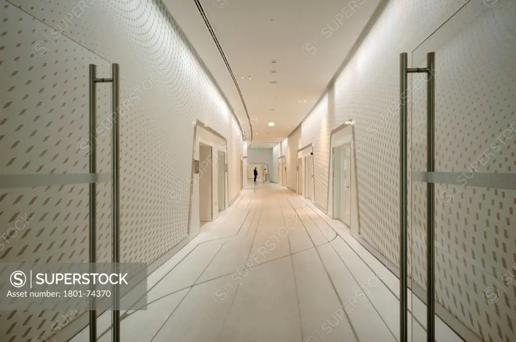 Yas Hotel, Abu Dhabi, United Arab Emirates. Architect: Asymptote, Hani Rashid, Lise Anne Couture, 2010. View of corridor.