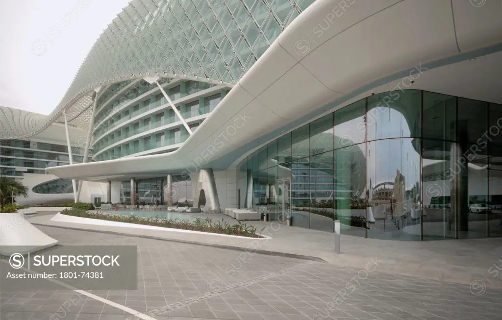 Yas Hotel, Abu Dhabi, United Arab Emirates. Architect: Asymptote, Hani Rashid, Lise Anne Couture, 2010. Entrance view.