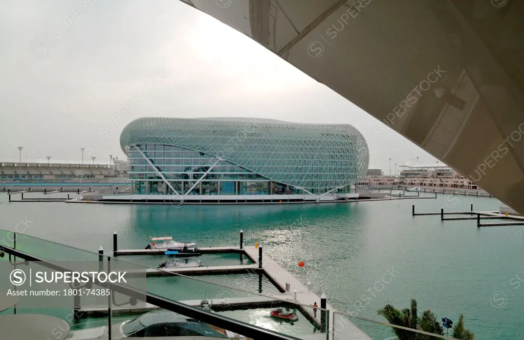 Yas Hotel, Abu Dhabi, United Arab Emirates. Architect: Asymptote, Hani Rashid, Lise Anne Couture, 2010. View from marina.