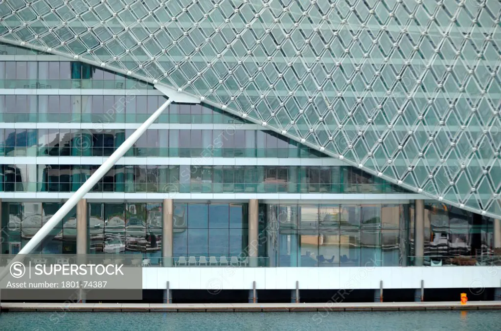 Yas Hotel, Abu Dhabi, United Arab Emirates. Architect: Asymptote, Hani Rashid, Lise Anne Couture, 2010. Detail of facade.