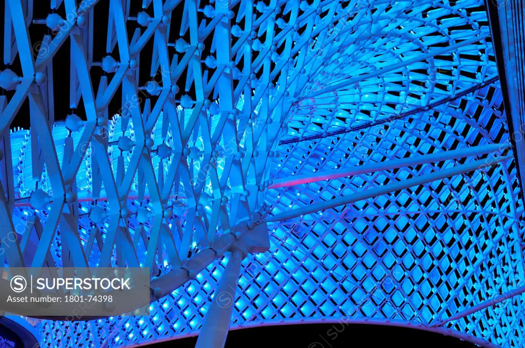 Yas Hotel, Abu Dhabi, United Arab Emirates. Architect: Asymptote, Hani Rashid, Lise Anne Couture, 2010. Detail of blue LED skin.