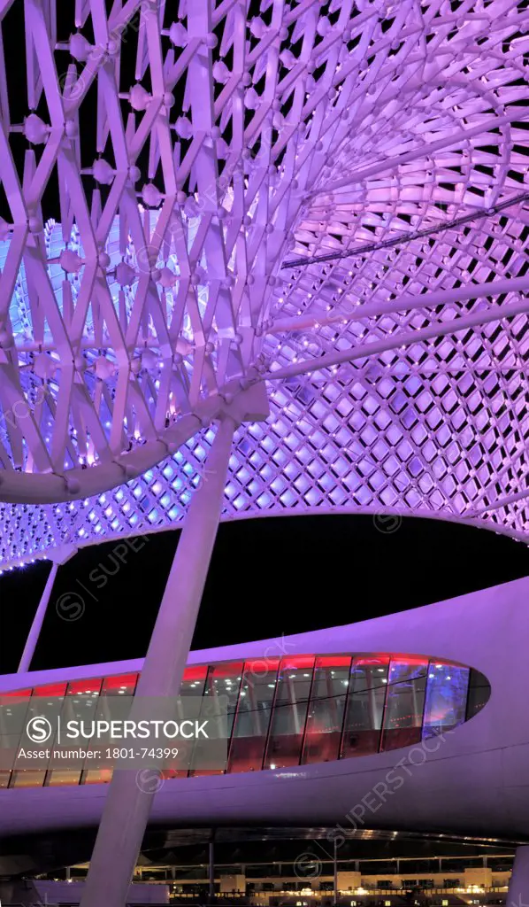 Yas Hotel, Abu Dhabi, United Arab Emirates. Architect: Asymptote, Hani Rashid, Lise Anne Couture, 2010. Detail of purple LED skin.