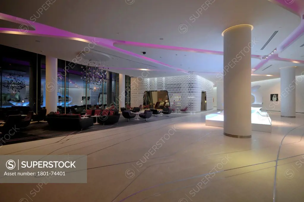 Yas Hotel, Abu Dhabi, United Arab Emirates. Architect: Asymptote, Hani Rashid, Lise Anne Couture, 2010. Lobby.