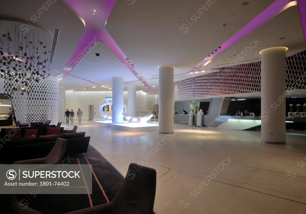 Yas Hotel, Abu Dhabi, United Arab Emirates. Architect: Asymptote, Hani Rashid, Lise Anne Couture, 2010. Lobby and lounge.