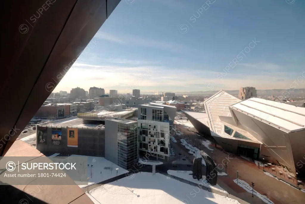Extension to the Denver Art Museum, Frederic C. Hamilton Building, Denver, United States. Architect: Daniel Libeskind, 2006. General view of Museum and Residences at the Museum from elevated position.