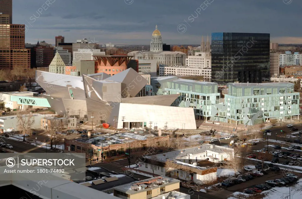 Extension to the Denver Art Museum, Frederic C. Hamilton Building, Denver, United States. Architect: Daniel Libeskind, 2006. View of Denver Civic Center with the Museum, the Residences, Denver Library by Michael Graves.
