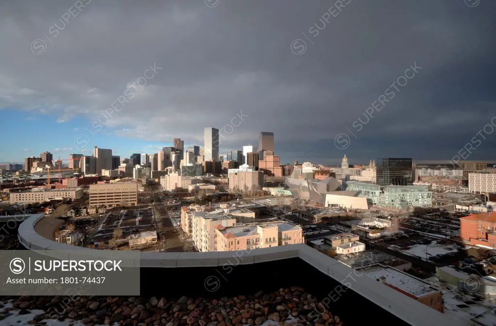 Extension to the Denver Art Museum, Frederic C. Hamilton Building, Denver, United States. Architect: Daniel Libeskind, 2006. Panoramic view of Denver civic center with the Museum, the Residences, Denver Library by Michael Graves.