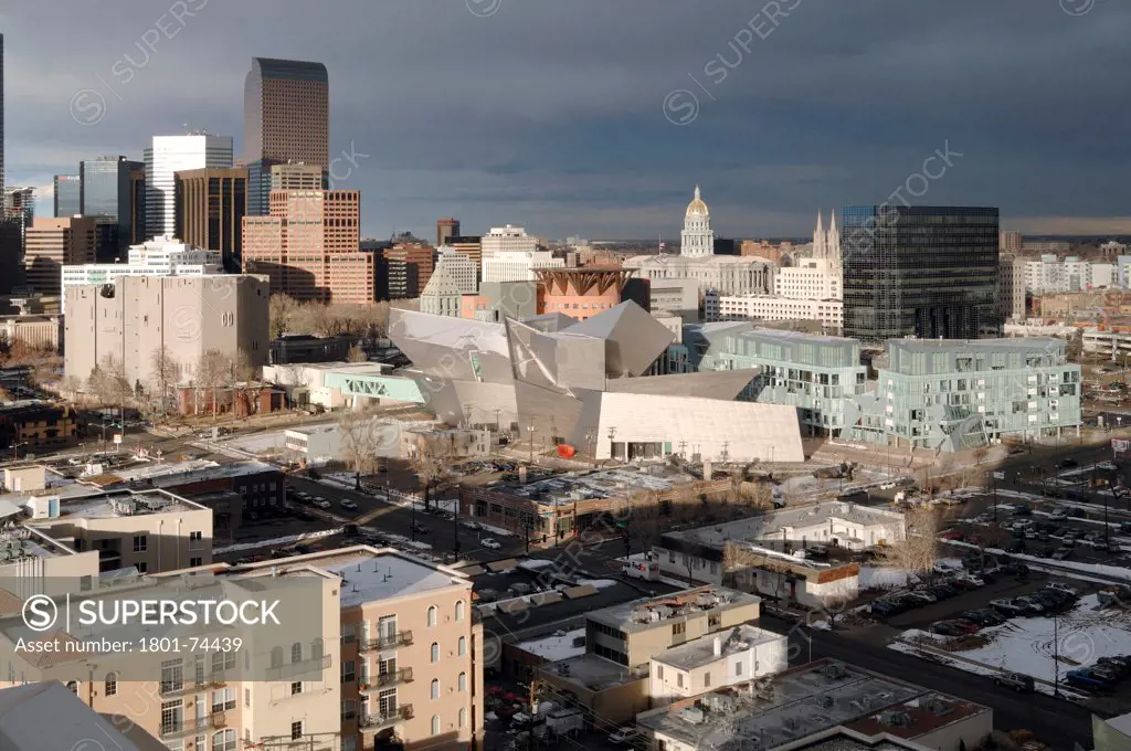 Extension to the Denver Art Museum, Frederic C. Hamilton Building, Denver, United States. Architect: Daniel Libeskind, 2006. Panoramic view of Denver civic center with the Museum, the Residences, Denver Library by Michael Graves.