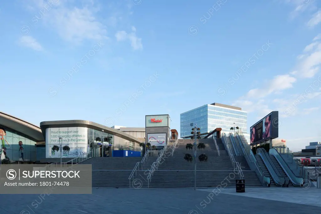 Westfield Stratford City, London, United Kingdom. Architect: Fletcher Priest Architects LLP, 2011. Early morning at steps to Westfield from Stratford Centre.