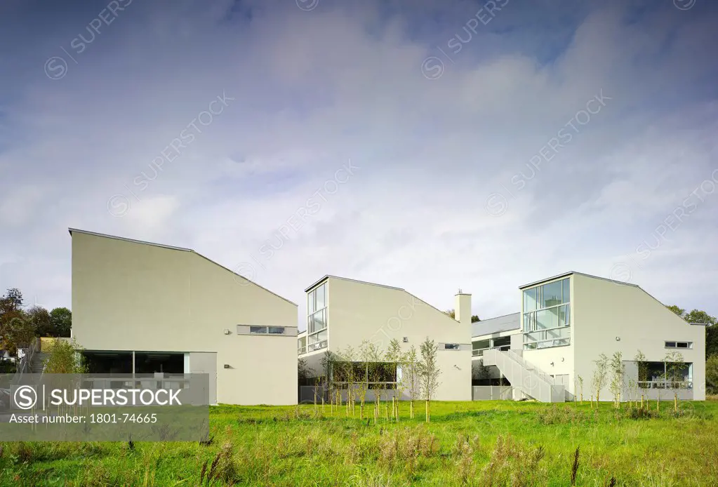 Cavan College, Cavan, Ireland. Architect: McCullough Mulvin , 2006. View of East facade showing three blocks and surrounding landscape.