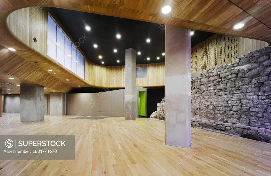 Dublin City Walls, Dublin, Ireland. Architect: McCullough Mulvin, 2009. View of conference space showing Viking City Walls, concrete corridor with painted green interior, concrete supports and timber ceiling surrounding a double height space.