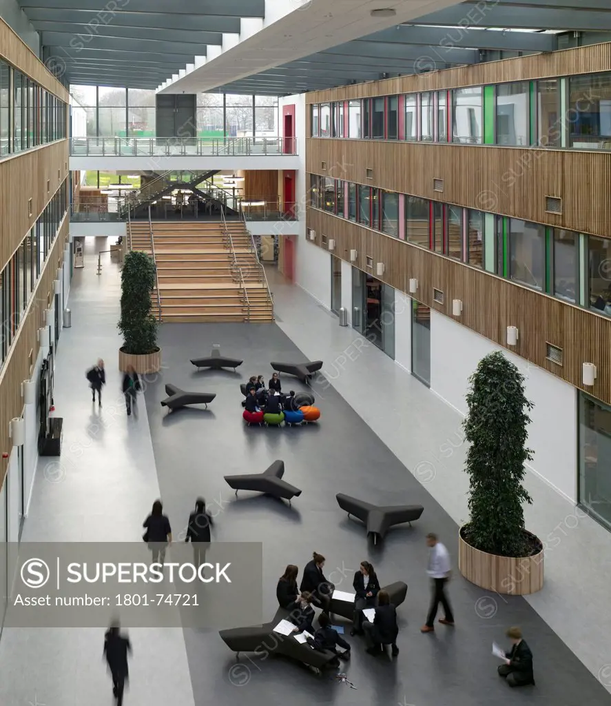 Stanley Park High School, Sutton, United Kingdom. Architect: Haverstock Associates LLP, 2011. Elevated view of the central atrium.