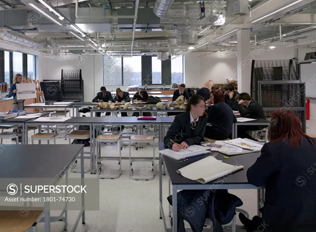 Stanley Park High School, Sutton, United Kingdom. Architect: Haverstock Associates LLP, 2011. Classroom view during teaching.