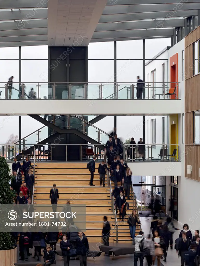 Stanley Park High School, Sutton, United Kingdom. Architect: Haverstock Associates LLP, 2011. View of stairway and gallery links.