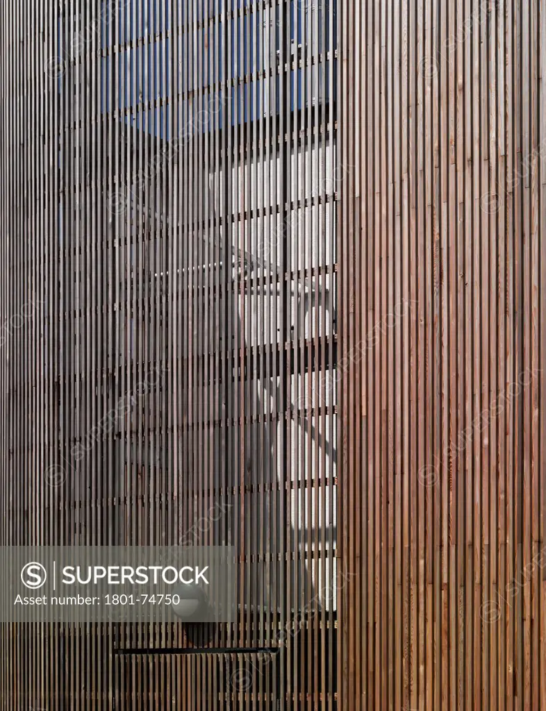 Stanley Park High School, Sutton, United Kingdom. Architect: Haverstock Associates LLP, 2011. Exterior timber cladding detail of utility plant.