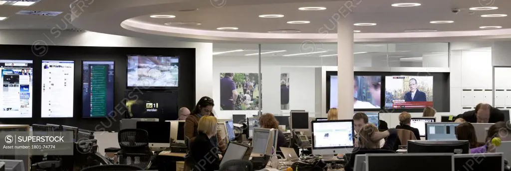 ITV Meridian Studio, Southampton, United Kingdom. Architect: Moxon, 2011. Panoramic view of TV news room.