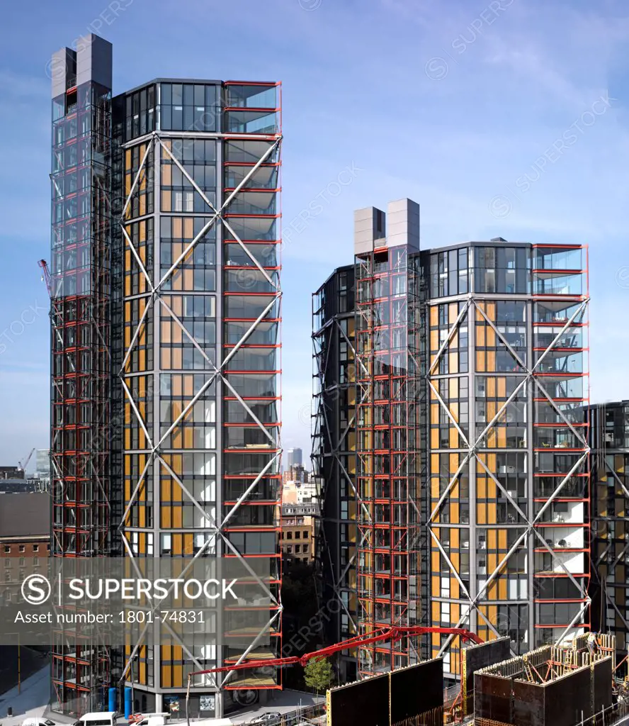 Neo Bankside, London, United Kingdom. Architect: Rogers Stirk Harbour + Partners, 2011. Tight high level overall view from Tate Modern rooftop.