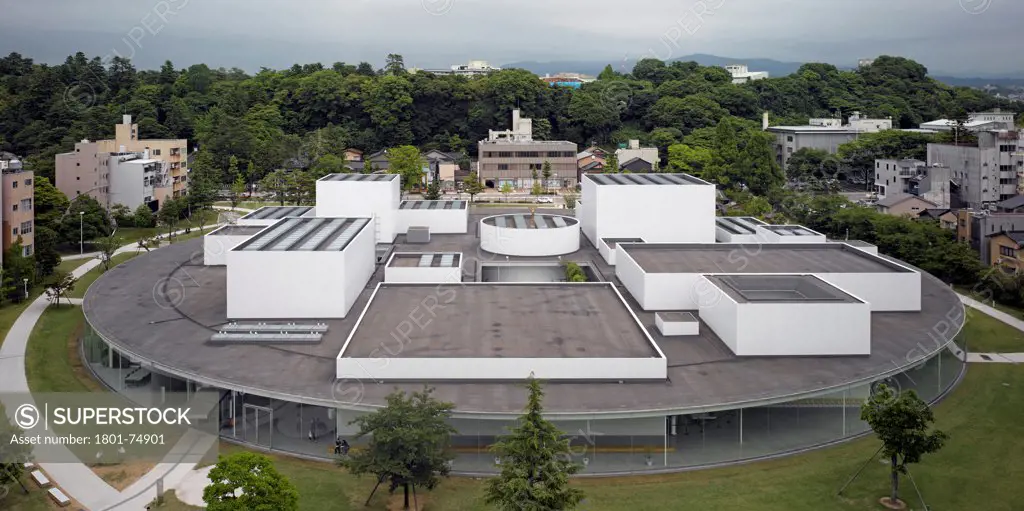 21st Century Museum, Kanazawa, Japan. Architect: SANAA, 2012. High level overall view.