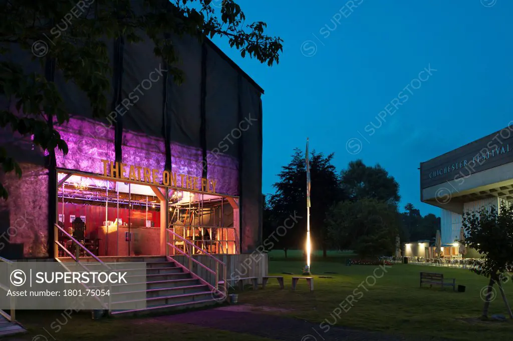 Theatre on the Fly, Chichester Festival Theatre, Chichester, United Kingdom. Architect: Assemble, 2012. Front side view of the theatre.