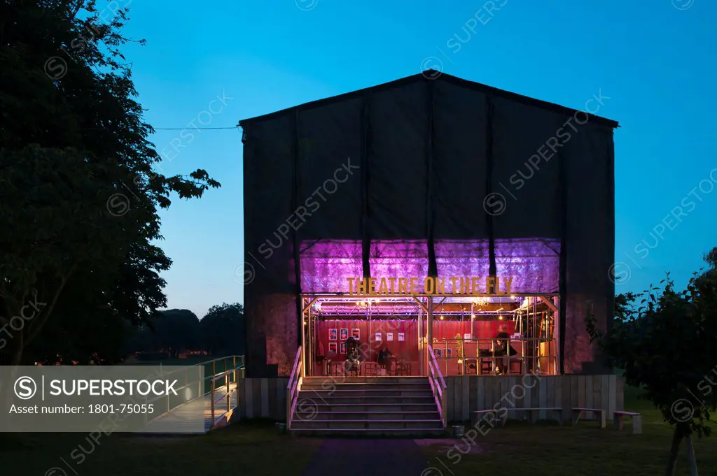 Theatre on the Fly, Chichester Festival Theatre, Chichester, United Kingdom. Architect: Assemble, 2012. Front view of the theatre.